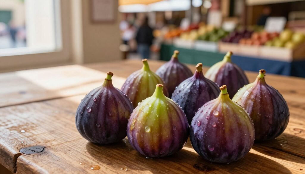 A beautiful arrangement of fresh figs displayed prominently in the foreground, showcasing their vibrant purple and green skins, with glistening droplets of water to emphasize their freshness. In the middle ground, a rustic wooden table adds warmth and texture, while a soft, natural light filters in from a nearby window, casting gentle shadows and enhancing the rich colors of the figs. In the background, a blurred market scene suggests a European setting, with stalls and fresh produce, evoking a lively atmosphere. Capture this moment from a slightly elevated angle, with a shallow depth of field to draw attention to the figs while providing context to the bustling market. The overall mood is inviting and fresh, perfect for illustrating the essence of the fig season.