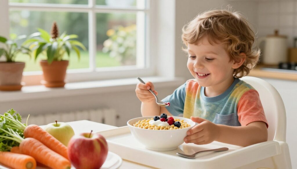 A bright, inviting kitchen scene focuses on a cheerful table setting where a young child, around five years old, smiles while enjoying a healthy bowl of millet porridge. The child is wearing a colorful, modest t-shirt and is seated in a high chair. In the foreground, there are vibrant fruits and vegetables, including carrots and apples, suggesting a nutritious meal. In the middle, the table features a beautifully presented bowl of golden millet porridge topped with berries and a dollop of natural yogurt. Soft, natural lighting floods the room, creating a warm atmosphere. In the background, a window reveals a sunny garden, enhancing the feeling of freshness and health, with pots of millet plants visible. The scene evokes a sense of joy and well-being in children's nutrition.