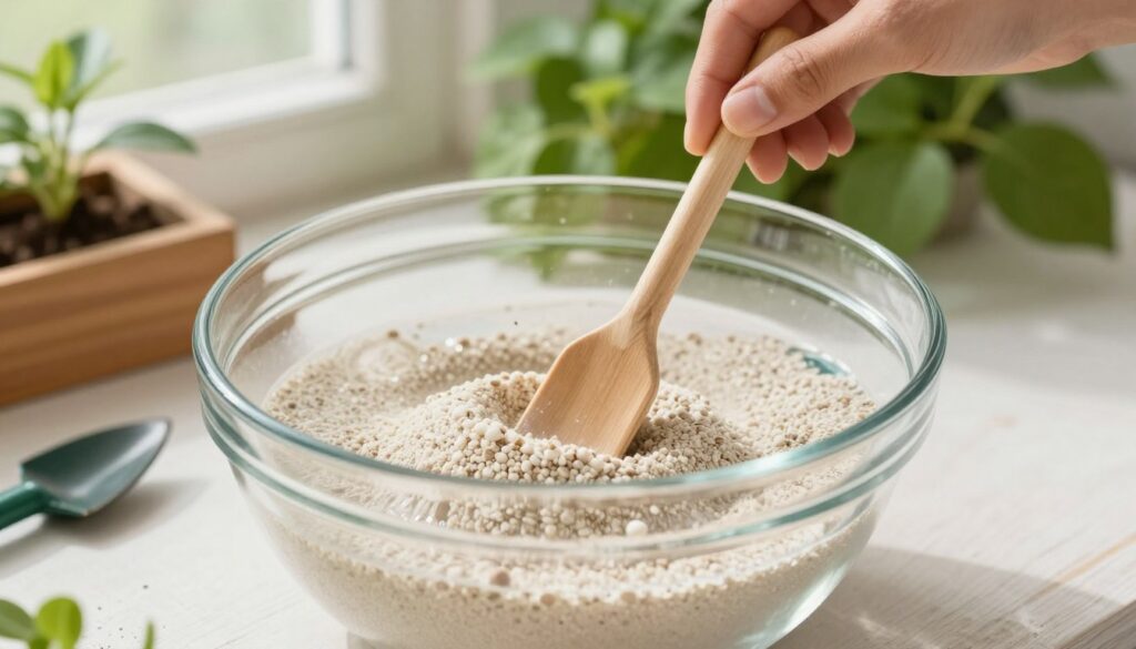 A clear and detailed image showcasing a container of azofoska (fertilizer) being mixed with water in a bright and inviting setting. In the foreground, a transparent glass mixing bowl filled with azofoska granules, with some granules visibly dissolving in the water. The middle ground features a hand holding a stirring stick, focused on blending the substance, emphasizing the action of dissolution. Background elements include soft-focus greenery and garden tools, suggesting an agricultural context. Bright, natural light filters in from a nearby window, creating a warm and practical atmosphere, ideal for gardening and plant care. The angle is slightly overhead, providing a comprehensive view of the mixing process without any text or distractions.