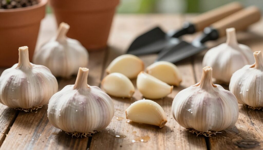 A close-up composition of fresh garlic cloves on a rustic wooden surface, showcasing different varieties for planting. In the foreground, several plump, unpeeled garlic bulbs with distinct skins are arranged artfully, some revealing their individual cloves. The middle layer features a small handful of peeled garlic cloves, gleaming with moisture, indicating freshness and quality. In the background, blurred plant pots and gardening tools suggest the context of planting garlic. Soft, natural sunlight filters through, creating gentle highlights and shadows, giving the scene an inviting and organic feel. The atmosphere conveys warmth and authenticity, emphasizing the natural beauty of the garlic as a planting material. A close-up composition of fresh garlic cloves on a rustic wooden surface, showcasing different varieties for planting. In the foreground, several plump, unpeeled garlic bulbs with distinct skins are arranged artfully, some revealing their individual cloves. The middle layer features a small handful of peeled garlic cloves, gleaming with moisture, indicating freshness and quality. In the background, blurred plant pots and gardening tools suggest the context of planting garlic. Soft, natural sunlight filters through, creating gentle highlights and shadows, giving the scene an inviting and organic feel. The atmosphere conveys warmth and authenticity, emphasizing the natural beauty of the garlic as a planting material.
