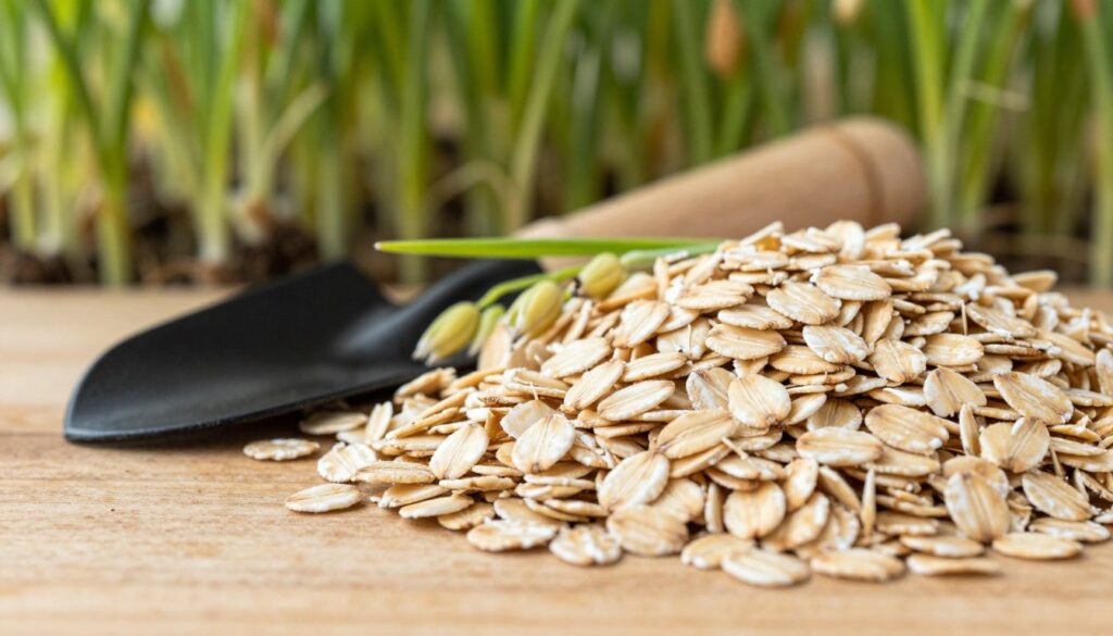 A close-up image of a bowl filled with natural, unprocessed oatmeal flakes, arranged neatly on a wooden table. In the foreground, a handful of scattered oats spills out, showing their texture and earthy tones. In the middle, incorporate a small garden trowel and a few sprigs of green shoots, symbolizing the connection between oats and soil health. The background features a soft-focus view of lush green plants, suggesting healthy growth, with warm, natural lighting that creates a welcoming atmosphere. Capture a sense of vitality and nourishment, evoking the role of oats as a natural fertilizer that enriches the earth. Use a shallow depth of field for artistic effect, highlighting the details of both the oats and the plants.