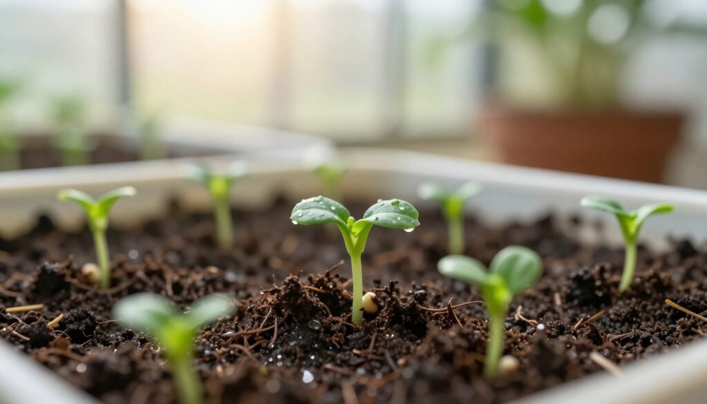A close-up image of germinating geranium seeds on moist soil, featuring delicate green sprouts breaking through the surface. The foreground captures tiny, tender seedlings with smooth, vibrant leaves, contrasted against the rich, dark potting soil. In the middle ground, droplets of water glisten on the soil, emphasizing the required humidity for germination. The background is softly blurred, depicting a warm and inviting greenhouse environment with gentle sunlight filtering through translucent curtains, creating a serene and nurturing atmosphere. The lighting is soft and natural, highlighting the freshness of new growth. Overall, the image conveys a sense of hope and the beauty of nature's cycles, encapsulating the essence of seed germination. A close-up image of germinating geranium seeds on moist soil, featuring delicate green sprouts breaking through the surface. The foreground captures tiny, tender seedlings with smooth, vibrant leaves, contrasted against the rich, dark potting soil. In the middle ground, droplets of water glisten on the soil, emphasizing the required humidity for germination. The background is softly blurred, depicting a warm and inviting greenhouse environment with gentle sunlight filtering through translucent curtains, creating a serene and nurturing atmosphere. The lighting is soft and natural, highlighting the freshness of new growth. Overall, the image conveys a sense of hope and the beauty of nature's cycles, encapsulating the essence of seed germination.