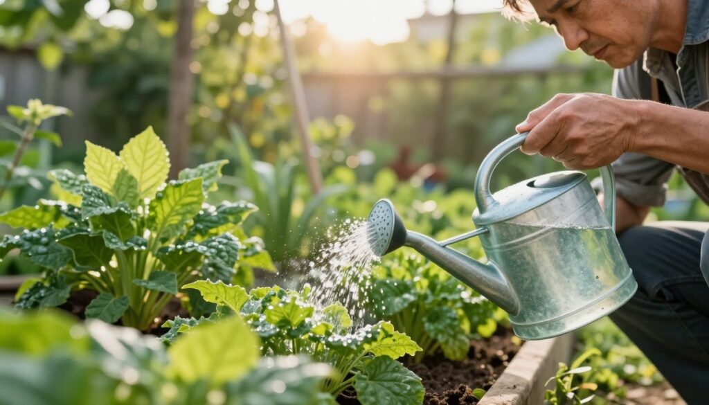 A close-up of a lush green garden scene showing a knowledgeable gardener in modest clothing applying a diluted azofoska solution to plants. In the foreground, a clear watering can filled with the solution is positioned, with droplets glistening in the sunlight. The middle ground features vibrant, healthy plants thriving, with a variety of leaves reflecting different shades of green. In the background, gentle sunlight filters through trees, creating a warm, inviting atmosphere. The angle captures the gardener's focused expression as they carefully water the plants, emphasizing the practical application of the solution. The overall mood is nurturing and educational, highlighting the importance of proper fertilization techniques in gardening.
