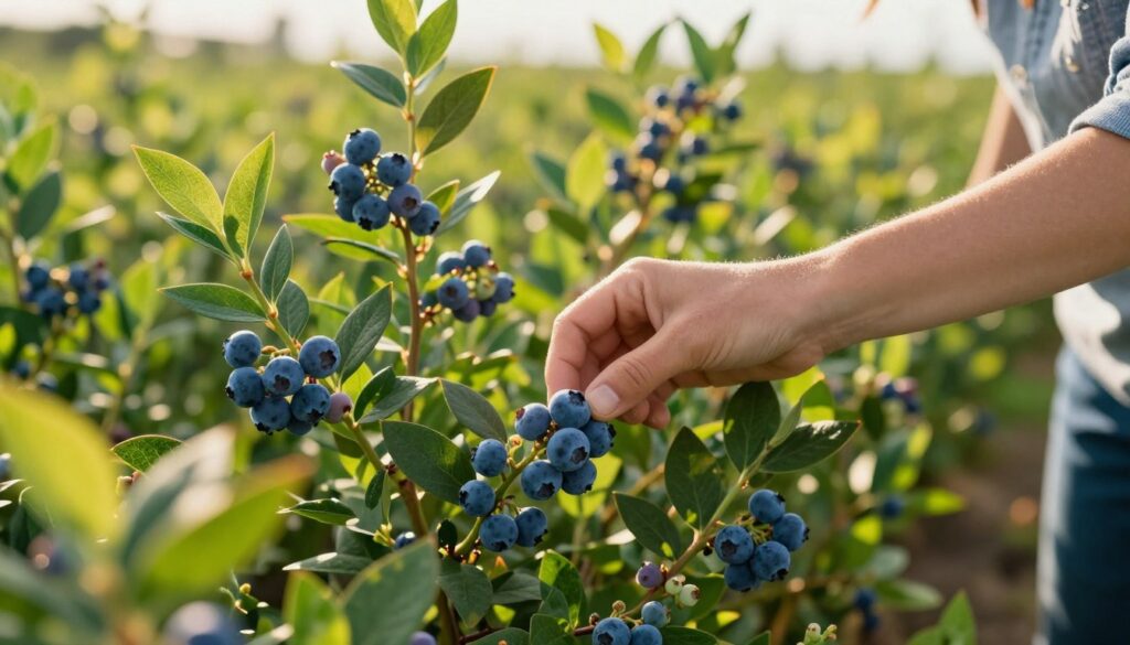 A close-up of a person in modest casual clothing gently harvesting fresh blueberries in a lush green field, with vibrant blue berries glistening under the warm sunlight. The foreground features a hand delicately picking a ripe berry from a bush, showcasing the fine details of the foliage and ripe fruit. In the middle background, other blueberry bushes laden with fruit create a lush environment, while soft focus adds depth. The atmosphere is serene and inviting, emphasizing the joy of fruit-picking. The lighting is warm and natural, typical of a sunny day, enhancing the rich colors of the blueberries and the surrounding leaves. The angle captures the beauty and care involved in selecting high-quality berries.