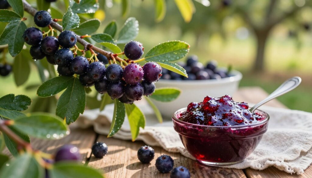 A close-up of rich, dark purple aronia berries glistening with morning dew, nestled among lush green leaves in a sun-drenched orchard. In the foreground, a small bowl filled with homemade aronia jam, showing the thick, glossy texture and vibrant color, with a spoon resting beside it. The middle ground features a rustic wooden table, partially covered with a soft linen cloth, suggesting a bountiful harvest. In the background, hints of blurred green foliage and soft sunlight filtering through the trees create a warm, inviting atmosphere. The overall mood is serene and wholesome, evoking the joys of fruit harvesting and the art of jam-making, captured with a shallow depth of field to emphasize the foreground details. A close-up of rich, dark purple aronia berries glistening with morning dew, nestled among lush green leaves in a sun-drenched orchard. In the foreground, a small bowl filled with homemade aronia jam, showing the thick, glossy texture and vibrant color, with a spoon resting beside it. The middle ground features a rustic wooden table, partially covered with a soft linen cloth, suggesting a bountiful harvest. In the background, hints of blurred green foliage and soft sunlight filtering through the trees create a warm, inviting atmosphere. The overall mood is serene and wholesome, evoking the joys of fruit harvesting and the art of jam-making, captured with a shallow depth of field to emphasize the foreground details.