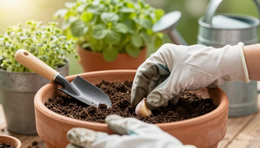 A close-up shot of a person gently planting garlic cloves in a terracotta pot filled with rich, dark soil. The foreground features the person's hands, wearing modest gardening gloves, delicately placing the garlic into the earth. The midground showcases the pot with a backdrop of fresh green herbs and additional gardening supplies, like a small trowel and watering can. Soft, natural sunlight filters in from the left, creating a warm and inviting atmosphere, while a gentle bokeh effect in the background highlights the focused action of planting. The overall mood is serene and nurturing, capturing the essence of gardening step-by-step instructions. A close-up shot of a person gently planting garlic cloves in a terracotta pot filled with rich, dark soil. The foreground features the person's hands, wearing modest gardening gloves, delicately placing the garlic into the earth. The midground showcases the pot with a backdrop of fresh green herbs and additional gardening supplies, like a small trowel and watering can. Soft, natural sunlight filters in from the left, creating a warm and inviting atmosphere, while a gentle bokeh effect in the background highlights the focused action of planting. The overall mood is serene and nurturing, capturing the essence of gardening step-by-step instructions.