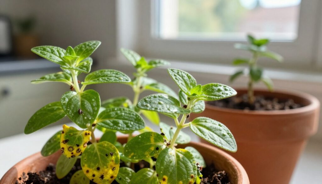 A close-up view of a potted marjoram plant, displaying signs of common diseases and pests. In the foreground, vibrant green leaves of marjoram show subtle yellowing and spots indicative of fungal infections. Tiny insects, resembling aphids, are clustered on the stems, emphasizing the pest issue. In the middle ground, a terracotta pot with a healthy-looking soil mix contrasts with affected leaves, highlighting the difference in plant health. The background features a soft-focus kitchen window with natural sunlight streaming in, casting gentle shadows on the plants, creating a warm and inviting atmosphere. The mood should evoke a sense of awareness and concern for plant health, reflecting the challenges of indoor gardening. A close-up view of a potted marjoram plant, displaying signs of common diseases and pests. In the foreground, vibrant green leaves of marjoram show subtle yellowing and spots indicative of fungal infections. Tiny insects, resembling aphids, are clustered on the stems, emphasizing the pest issue. In the middle ground, a terracotta pot with a healthy-looking soil mix contrasts with affected leaves, highlighting the difference in plant health. The background features a soft-focus kitchen window with natural sunlight streaming in, casting gentle shadows on the plants, creating a warm and inviting atmosphere. The mood should evoke a sense of awareness and concern for plant health, reflecting the challenges of indoor gardening.