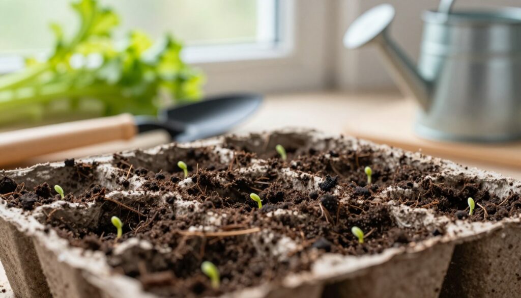 A close-up view of a rich, dark potting soil mix specifically formulated for sowing celery seeds. The foreground showcases a few small, biodegradable seed trays filled with the soil, each displaying a few tiny, freshly sown celery seeds. Midground features a neatly organized gardening workspace with tools like a small trowel and watering can. In the background, a softly blurred window allows natural light to illuminate the scene, creating a warm and inviting atmosphere. The overall mood should evoke a sense of nurturing and care, suggestive of planting and growth, with vibrant greens suggested in the background to hint at future celery plants. The image should be sharp and detailed, capturing the texture of the soil and the seeds, with a shallow depth of field to emphasize the foreground elements.