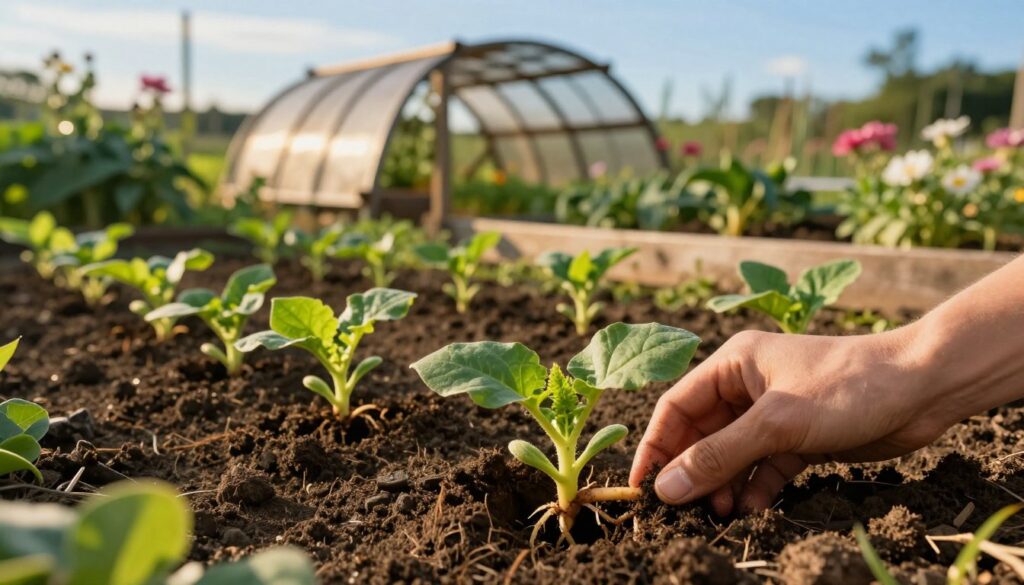 A close-up view of a vibrant garden bed where sweet potato seedlings are being planted into rich, dark soil. In the foreground, hands gently pushing small, green sweet potato slips into the earth, showcasing the delicate roots and fresh leaves. The middle ground features rows of neatly arranged seedlings, all basking in the warm golden light of a late afternoon sun. In the background, a rustic wooden planting tunnel arches over the garden, with soft greenery and pastel flowers framing the scene, all under a clear blue sky. The mood is calm and nurturing, conveying a sense of growth and care in the planting process. A close-up view of a vibrant garden bed where sweet potato seedlings are being planted into rich, dark soil. In the foreground, hands gently pushing small, green sweet potato slips into the earth, showcasing the delicate roots and fresh leaves. The middle ground features rows of neatly arranged seedlings, all basking in the warm golden light of a late afternoon sun. In the background, a rustic wooden planting tunnel arches over the garden, with soft greenery and pastel flowers framing the scene, all under a clear blue sky. The mood is calm and nurturing, conveying a sense of growth and care in the planting process.