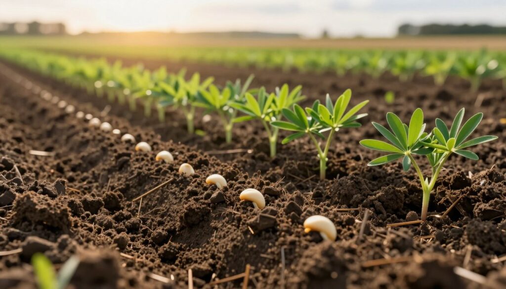 A close-up view of a well-prepared seedbed for lupin cultivation, showcasing the ideal seed depth for planting. The foreground features a soil profile cutaway, displaying the rich, well-tilled earth with visible seed rows and spacing, emphasizing the optimal depth for sowing. In the middle ground, vibrant green lupin seedlings are emerging, showcasing healthy growth. The background consists of a blurred landscape of farmland with soft, golden sunlight illuminating the scene, creating a warm and inviting atmosphere. The angle is slightly elevated to provide a comprehensive view of the planting practices. The overall mood is hopeful and agricultural, reflecting the potential for soil improvement and successful crop growth. A close-up view of a well-prepared seedbed for lupin cultivation, showcasing the ideal seed depth for planting. The foreground features a soil profile cutaway, displaying the rich, well-tilled earth with visible seed rows and spacing, emphasizing the optimal depth for sowing. In the middle ground, vibrant green lupin seedlings are emerging, showcasing healthy growth. The background consists of a blurred landscape of farmland with soft, golden sunlight illuminating the scene, creating a warm and inviting atmosphere. The angle is slightly elevated to provide a comprehensive view of the planting practices. The overall mood is hopeful and agricultural, reflecting the potential for soil improvement and successful crop growth.