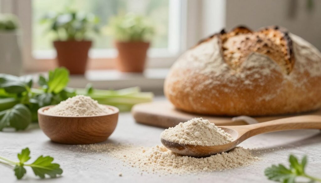 A close-up view of baker's yeast in a rustic kitchen setting, emphasizing its powdery texture and small granules. In the foreground, a wooden spoon rests next to a small bowl filled with yeast surrounded by fresh vegetables and herbs, symbolizing gardening applications. The middle layer features a soft focus on a freshly baked loaf of bread, hinting at the product's importance in baking. The background displays a sunlit window with potted plants thriving, illustrating the effective use of yeast as fertilizer in home gardening. Soft, warm lighting creates an inviting atmosphere, encouraging growth and nourishment. The overall mood is earthy and wholesome, showcasing the dual use of baker’s yeast in both culinary and gardening contexts. A close-up view of baker's yeast in a rustic kitchen setting, emphasizing its powdery texture and small granules. In the foreground, a wooden spoon rests next to a small bowl filled with yeast surrounded by fresh vegetables and herbs, symbolizing gardening applications. The middle layer features a soft focus on a freshly baked loaf of bread, hinting at the product's importance in baking. The background displays a sunlit window with potted plants thriving, illustrating the effective use of yeast as fertilizer in home gardening. Soft, warm lighting creates an inviting atmosphere, encouraging growth and nourishment. The overall mood is earthy and wholesome, showcasing the dual use of baker’s yeast in both culinary and gardening contexts.