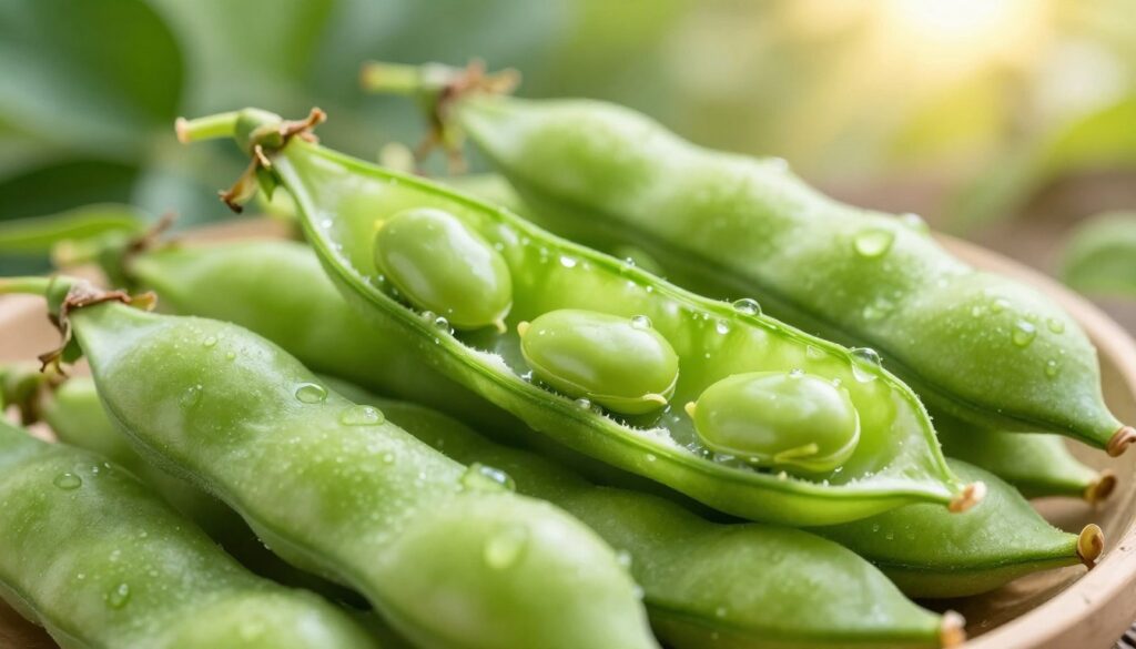 A close-up view of fresh, vibrant green fava beans (bób) inside their pods, showcasing the contrast between the tender, plump seeds and the smooth, shiny pod exterior. The pods are slightly opened, revealing the beans nestled comfortably inside, glistening with morning dew. Soft, diffused sunlight filters through the leaves of a nearby plant, creating a warm, inviting glow. In the background, a blurred garden setting hints at a lush, fertile environment, emphasizing the seasonal freshness. The focus is on the fava beans, with a shallow depth of field that draws attention to their rich color and texture, evoking a sense of natural abundance and the joy of seasonal produce.