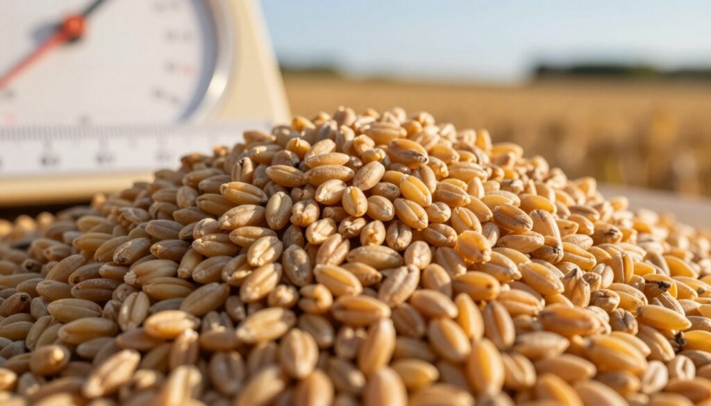 A close-up view of grains of wheat exhibiting their density, carefully organized in a mound to illustrate bulk density. The foreground shows individual grains in sharp detail, displaying their texture and color variations—from golden yellow to light brown. In the middle ground, a measuring tool, like a scale or a metric ruler, subtly highlights the scale of measurement against the grains. The background is softly blurred, suggesting a rustic farm setting with a hint of fields and a clear blue sky, enhancing the agricultural theme. Golden hour lighting casts a warm glow, creating an inviting and informative atmosphere. The overall mood is educational and grounded, suited for a scientific discussion on grain density without any people present. A close-up view of grains of wheat exhibiting their density, carefully organized in a mound to illustrate bulk density. The foreground shows individual grains in sharp detail, displaying their texture and color variations—from golden yellow to light brown. In the middle ground, a measuring tool, like a scale or a metric ruler, subtly highlights the scale of measurement against the grains. The background is softly blurred, suggesting a rustic farm setting with a hint of fields and a clear blue sky, enhancing the agricultural theme. Golden hour lighting casts a warm glow, creating an inviting and informative atmosphere. The overall mood is educational and grounded, suited for a scientific discussion on grain density without any people present.