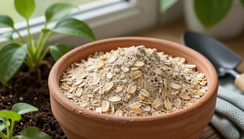 A close-up view of homemade oat flour fertilizer, depicting a textured mixture of light brown and golden oat flakes with a slight sheen from moisture, placed in an organic clay pot. Surround the pot with vibrant green houseplants, showcasing healthy leaves and rich, dark soil. In the background, soft natural light filters through a window, casting gentle shadows and highlighting the organic nature of the scene. The overall mood is inviting and earthy, emphasizing the practicality and simplicity of using oat flakes as a natural fertilizer. Include subtle details of gardening tools, such as a small trowel and gloves, placed stylishly nearby. Capture this scene from a slightly elevated angle to focus on the fertilizer and plants effectively.