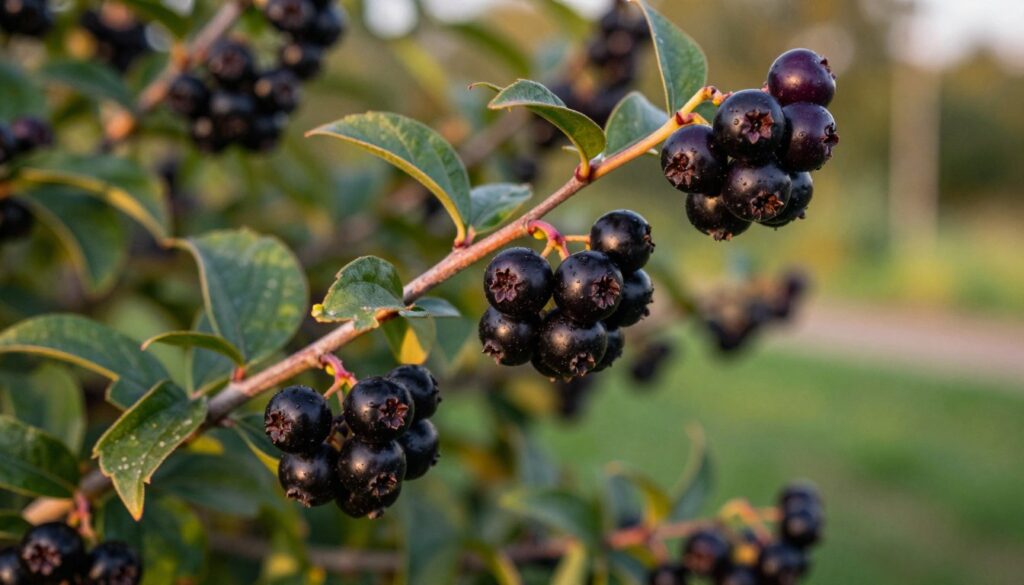 A close-up view of ripe aronia berries hanging on their bush, showcasing their deep purple-black color and glossy surface. The foreground features several clusters of berries, with some leaves partially visible, displaying rich green hues that contrast beautifully with the fruit. In the middle-ground, soft-focus elements of the bush can be seen, highlighting the dense foliage surrounding the berries. The background is a blurred representation of a garden, enhancing the sense of a natural environment. The lighting is warm and inviting, evoking a late afternoon glow that accentuates the berries' texture. The mood conveys a sense of harvest time, emphasizing the natural beauty and ripeness of the aronia fruits, perfect for an article about identifying mature berries. A close-up view of ripe aronia berries hanging on their bush, showcasing their deep purple-black color and glossy surface. The foreground features several clusters of berries, with some leaves partially visible, displaying rich green hues that contrast beautifully with the fruit. In the middle-ground, soft-focus elements of the bush can be seen, highlighting the dense foliage surrounding the berries. The background is a blurred representation of a garden, enhancing the sense of a natural environment. The lighting is warm and inviting, evoking a late afternoon glow that accentuates the berries' texture. The mood conveys a sense of harvest time, emphasizing the natural beauty and ripeness of the aronia fruits, perfect for an article about identifying mature berries.