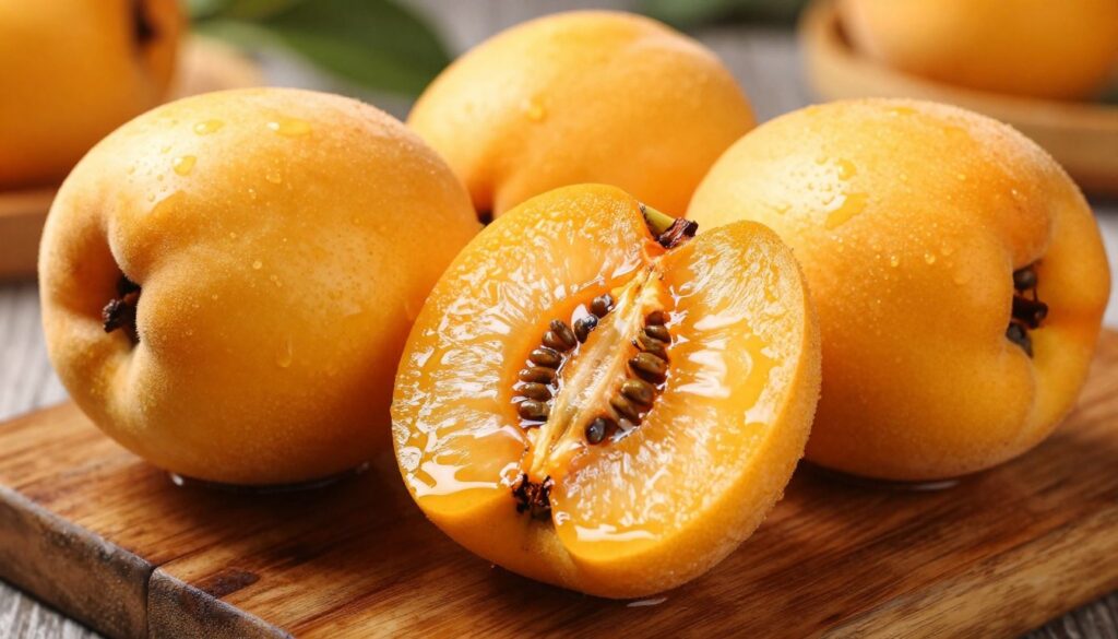 A close-up view of ripe kaki fruit, showcasing its vivid golden-orange skin with a slight sheen, reflecting fresh dew. The texture of the skin is detailed with subtle imperfections and natural variations. Slice open a kaki in the foreground to reveal its soft, juicy, amber-colored flesh, glistening with moisture and displaying its unique seed structure. Include a simple, rustic wooden table in the middle ground, offering an earthy contrast to the vibrant fruit. In the background, blur out hints of a market setting with soft, natural lighting to create a warm, inviting atmosphere, suggesting the freshness of the produce. Focus on highlighting the succulent and aromatic qualities of the fruit, aiming for an enticing, appetizing feel. A close-up view of ripe kaki fruit, showcasing its vivid golden-orange skin with a slight sheen, reflecting fresh dew. The texture of the skin is detailed with subtle imperfections and natural variations. Slice open a kaki in the foreground to reveal its soft, juicy, amber-colored flesh, glistening with moisture and displaying its unique seed structure. Include a simple, rustic wooden table in the middle ground, offering an earthy contrast to the vibrant fruit. In the background, blur out hints of a market setting with soft, natural lighting to create a warm, inviting atmosphere, suggesting the freshness of the produce. Focus on highlighting the succulent and aromatic qualities of the fruit, aiming for an enticing, appetizing feel.