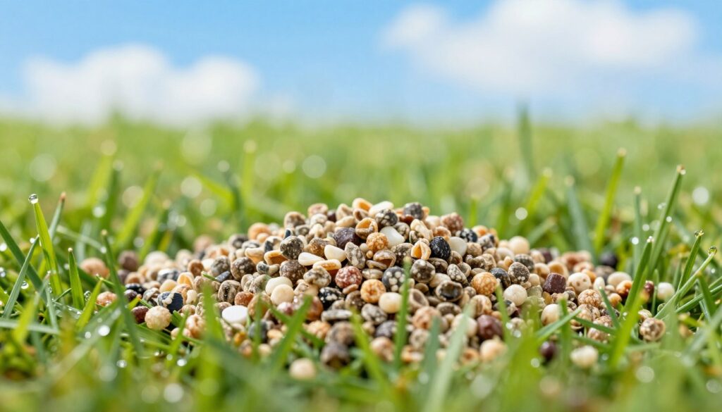 A close-up view of vibrant green grass covered with granules of fertilizer, showcasing various particle sizes and textures. In the foreground, the granules are clearly in focus, revealing their complex shapes and colors. The middle ground features a lush lawn, creating a contrast with the granules, while a soft-focus background shows a bright blue sky with gentle clouds, implying a sunny day. The lighting is natural, highlighting the shiny surfaces of the granules and the dew on the grass, creating a fresh and inviting atmosphere. The overall mood is one of vitality and growth, perfect for illustrating the topic of lawn care and fertilizer selection. A close-up view of vibrant green grass covered with granules of fertilizer, showcasing various particle sizes and textures. In the foreground, the granules are clearly in focus, revealing their complex shapes and colors. The middle ground features a lush lawn, creating a contrast with the granules, while a soft-focus background shows a bright blue sky with gentle clouds, implying a sunny day. The lighting is natural, highlighting the shiny surfaces of the granules and the dew on the grass, creating a fresh and inviting atmosphere. The overall mood is one of vitality and growth, perfect for illustrating the topic of lawn care and fertilizer selection.