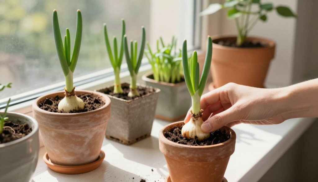 A cozy indoor scene featuring a sunny windowsill with several pots of green onions (cebula dymka) being planted in rich, dark soil. In the foreground, a hand gently places a bulb into the pot, showcasing the detailed textures of the skin and soil. The middle ground captures the arranged planters, varying in size and shape, filled with vibrant green shoots. The background reveals a bright window with light filtering through, casting soft shadows on the windowsill, creating a warm and inviting atmosphere. Gentle sunlight illuminates the scene, enhancing the freshness of the plants. The overall mood is peaceful and nurturing, reflecting the act of caring for growing vegetables indoors throughout the seasons. A cozy indoor scene featuring a sunny windowsill with several pots of green onions (cebula dymka) being planted in rich, dark soil. In the foreground, a hand gently places a bulb into the pot, showcasing the detailed textures of the skin and soil. The middle ground captures the arranged planters, varying in size and shape, filled with vibrant green shoots. The background reveals a bright window with light filtering through, casting soft shadows on the windowsill, creating a warm and inviting atmosphere. Gentle sunlight illuminates the scene, enhancing the freshness of the plants. The overall mood is peaceful and nurturing, reflecting the act of caring for growing vegetables indoors throughout the seasons.