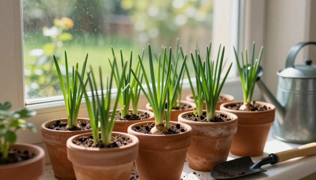 A cozy indoor scene featuring a windowsill filled with vibrant green chives (cebulki dymki) sprouting from rich, dark soil in small terracotta pots. The foreground showcases a close-up of the pots, with some bulbs partially visible above the soil, surrounded by tools like a small trowel and a watering can, hinting at recent planting activity. In the middle, the dappled sunlight streams through the window, casting soft shadows and illuminating the fresh greenery, creating an inviting atmosphere. The background includes a blurred view of a sunny garden outside, enhancing the feeling of home and nature. The overall mood is serene and nurturing, perfect for a beginner gardening enthusiast. A cozy indoor scene featuring a windowsill filled with vibrant green chives (cebulki dymki) sprouting from rich, dark soil in small terracotta pots. The foreground showcases a close-up of the pots, with some bulbs partially visible above the soil, surrounded by tools like a small trowel and a watering can, hinting at recent planting activity. In the middle, the dappled sunlight streams through the window, casting soft shadows and illuminating the fresh greenery, creating an inviting atmosphere. The background includes a blurred view of a sunny garden outside, enhancing the feeling of home and nature. The overall mood is serene and nurturing, perfect for a beginner gardening enthusiast.