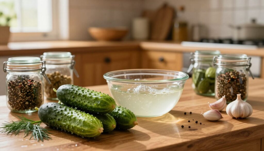 A cozy kitchen scene showcasing the preparation of pickled cucumbers. In the foreground, a wooden table displays fresh cucumbers, vibrant green and glistening with water droplets. Nearby, jars are arranged, some filled with spices like garlic cloves and dill. In the middle, a bowl of brine sits ready, with intricate bubbles rising. The background features warm wooden cabinetry and a window with sunlight streaming in, casting a soft glow over the space. The atmosphere is inviting and homely, perfect for traditional home-cooking. The image is captured with a shallow depth of field, focusing on the cucumbers while softly blurring the background. Ideal warm lighting enhances the colors and textures, evoking a sense of nostalgia and seasonal abundance.