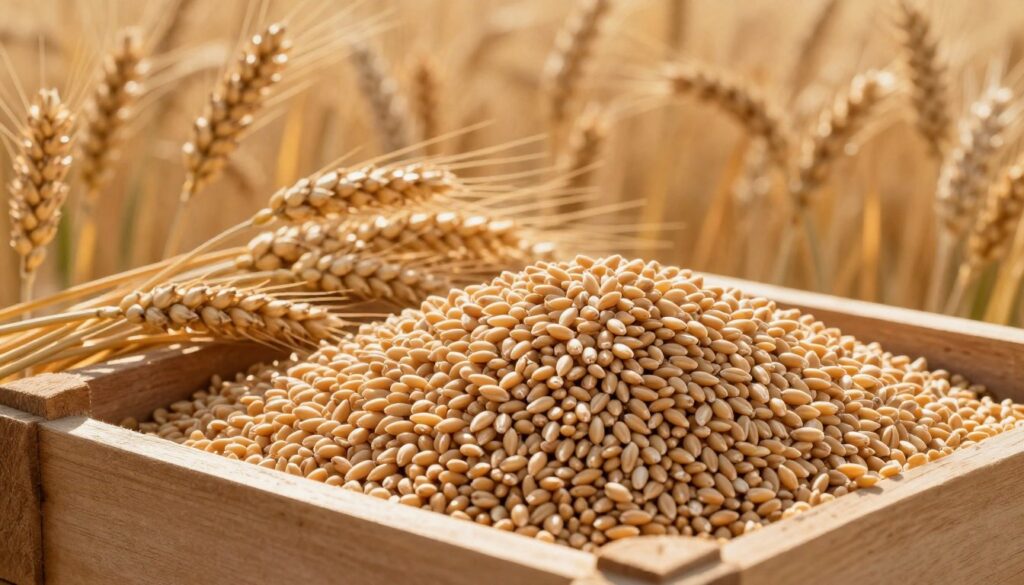 A cubic meter of wheat, beautifully arranged in a rustic setting, showcasing the golden grains with intricate details. In the foreground, the wheat fills a large wooden crate, with grains glistening under soft, warm natural light. The middle ground features scattered wheat stalks, enhancing the texture and richness of the scene. In the background, a blurred, sunlit field of wheat sways gently, creating a serene atmosphere. The image is captured from a low angle, providing a sense of depth and perspective. The mood is warm and inviting, highlighting the agricultural essence of wheat. The overall composition exudes tranquility and emphasizes the abundance and weight of a cubic meter of wheat without any text or distractions.