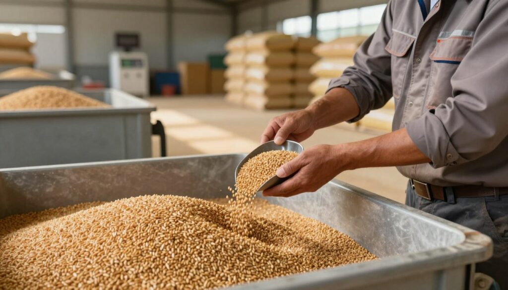 A detailed agricultural scene depicting the process of sampling grain for weight measurement in a farm setting. In the foreground, a farmer in professional work attire carefully collects a scoop of grain from a large grain storage container, showing diligence and precision. The midground features additional farming equipment and scattered grains, suggesting an active workspace. In the background, a well-organized storage facility is visible, with bags of grain stacked neatly, under soft, natural lighting that casts gentle shadows. The atmosphere is focused and methodical, conveying a sense of professionalism and efficiency essential for accurate weight measurement in farming. The angle is slightly elevated, providing a clear view of the sampling process and the grain's texture. A detailed agricultural scene depicting the process of sampling grain for weight measurement in a farm setting. In the foreground, a farmer in professional work attire carefully collects a scoop of grain from a large grain storage container, showing diligence and precision. The midground features additional farming equipment and scattered grains, suggesting an active workspace. In the background, a well-organized storage facility is visible, with bags of grain stacked neatly, under soft, natural lighting that casts gentle shadows. The atmosphere is focused and methodical, conveying a sense of professionalism and efficiency essential for accurate weight measurement in farming. The angle is slightly elevated, providing a clear view of the sampling process and the grain's texture.