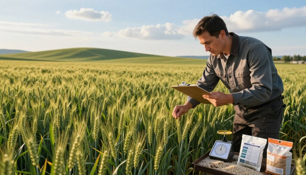 A detailed agricultural scene set in a vibrant green wheat field during the late afternoon. In the foreground, a farmer in professional attire examines the wheat plants closely, holding a clipboard, showcasing an expression of concentration. The middle ground features freshly applied nitrogen fertilizer, visible as light granules on the soil, alongside measurement tools such as a scale and soil sample bags. In the background, rolling hills under a bright blue sky with soft white clouds create a serene atmosphere. The sunlight casts warm, golden hues over the field, enhancing the lush green of the wheat. Capture a sense of growth and precision in crop management, reflecting the importance of nitrogen dosage in agriculture. Ensure the focus is sharp for detailed textures and colors. A detailed agricultural scene set in a vibrant green wheat field during the late afternoon. In the foreground, a farmer in professional attire examines the wheat plants closely, holding a clipboard, showcasing an expression of concentration. The middle ground features freshly applied nitrogen fertilizer, visible as light granules on the soil, alongside measurement tools such as a scale and soil sample bags. In the background, rolling hills under a bright blue sky with soft white clouds create a serene atmosphere. The sunlight casts warm, golden hues over the field, enhancing the lush green of the wheat. Capture a sense of growth and precision in crop management, reflecting the importance of nitrogen dosage in agriculture. Ensure the focus is sharp for detailed textures and colors.