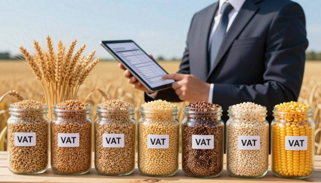 A detailed and informative scene showcasing a variety of grains, such as wheat, barley, and corn, displayed prominently in the foreground, arranged in labeled containers representing different VAT categories. In the middle ground, a farmer in professional business attire is examining a tablet, analyzing the classification and tax rates related to the grains. The background features a sunlit field under a clear blue sky, symbolizing agricultural prosperity and trade. Soft, natural lighting illuminates the scene, highlighting the grains' textures and colors, creating a warm and inviting atmosphere. The composition should evoke a sense of clarity and professionalism, emphasizing the connection between agriculture and VAT classifications without any text or distractions.