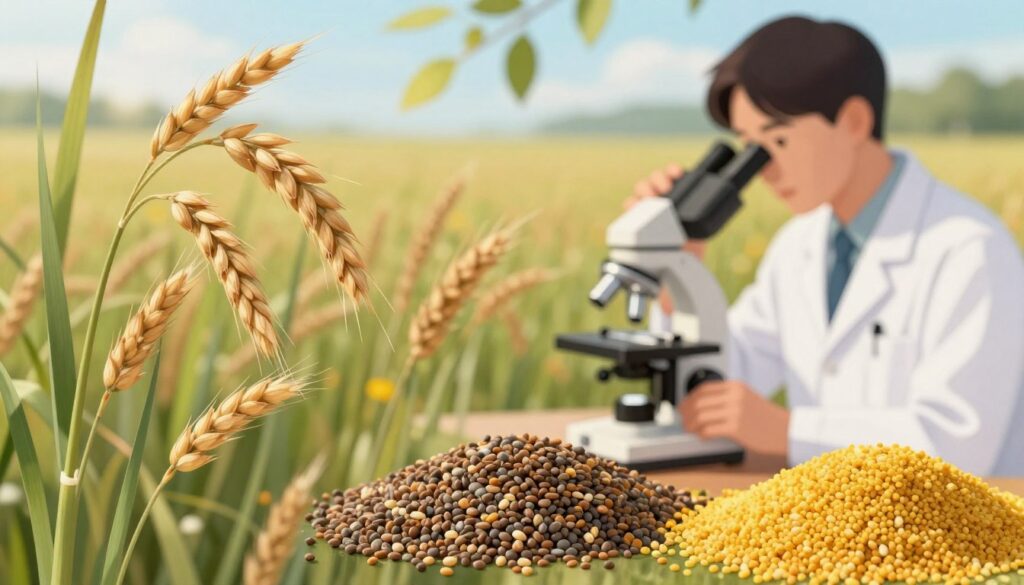 A detailed botanical illustration showcasing a comparison of rye pollen and other common allergens, such as grass and tree pollen. In the foreground, a close-up of rye plants with distinctive spikelets, capturing their texture and fine details. In the middle ground, a human figure in professional attire, such as a lab coat, examining pollen samples under a microscope, emphasizing the scientific approach to identifying allergens. The background features a blurred landscape of a field in bloom during the pollen season, with soft sunlight filtering through the leaves, creating a calm and focused atmosphere. The overall mood should reflect a sense of urgency and importance in distinguishing allergens, highlighting the clarity and vibrancy of the colors associated with each plant type. A detailed botanical illustration showcasing a comparison of rye pollen and other common allergens, such as grass and tree pollen. In the foreground, a close-up of rye plants with distinctive spikelets, capturing their texture and fine details. In the middle ground, a human figure in professional attire, such as a lab coat, examining pollen samples under a microscope, emphasizing the scientific approach to identifying allergens. The background features a blurred landscape of a field in bloom during the pollen season, with soft sunlight filtering through the leaves, creating a calm and focused atmosphere. The overall mood should reflect a sense of urgency and importance in distinguishing allergens, highlighting the clarity and vibrancy of the colors associated with each plant type.