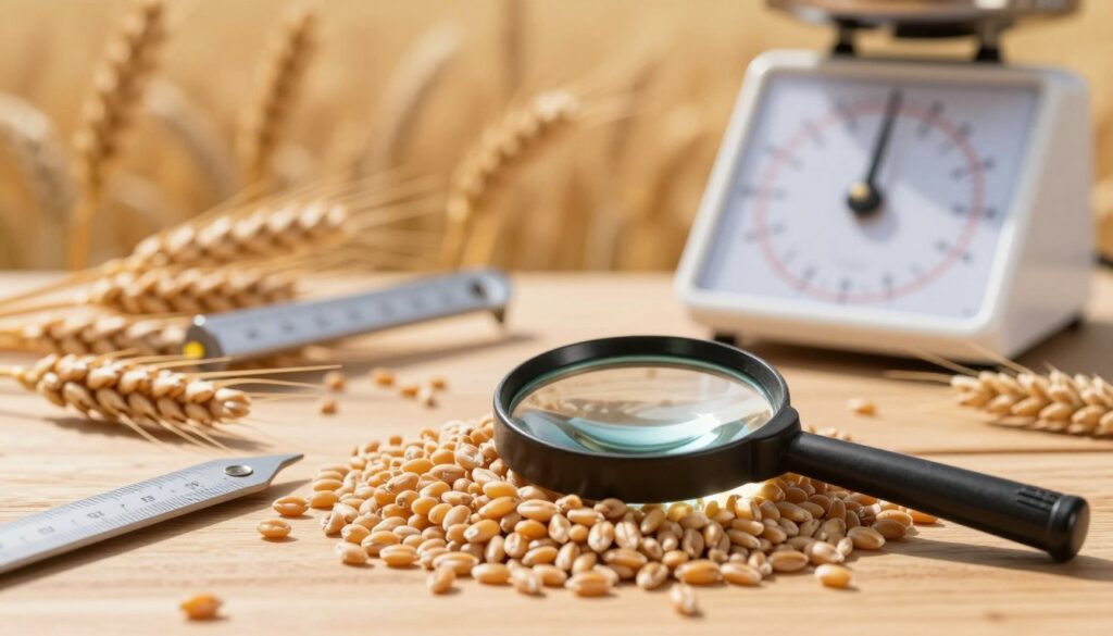 A detailed close-up image showcasing the quality parameters of technical grains, focusing on golden wheat kernels arranged on a wooden table. In the foreground, highlight a magnifying glass over the grains to emphasize inspection and analysis. In the middle, display various measuring tools, such as a moisture meter and scales, symbolizing industry standards. The background should feature a softly blurred field of wheat under warm, golden sunlight, conveying a sense of abundance and quality. Use natural lighting to create an inviting and professional atmosphere. Aim for a sharp focus on the grains, with a shallow depth of field to enhance visual interest. The overall mood should be informative and engaging, reflecting the importance of quality in agricultural trade.