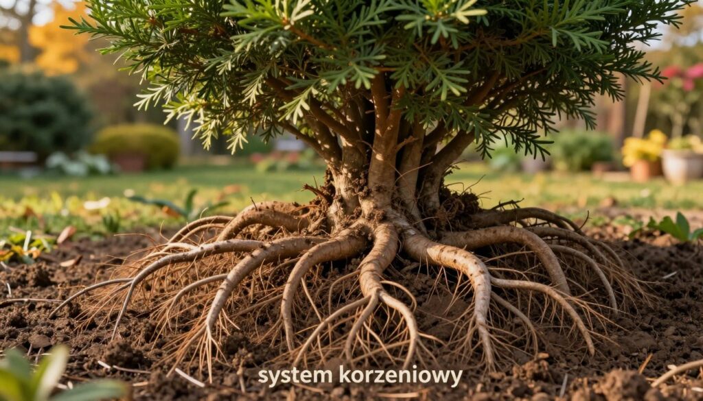 A detailed illustration of a "system korzeniowy" (root system) of a Thuja tree, showcasing complex, intertwined roots in rich, earthy tones. In the foreground, the roots spread out in various directions, with fine hair-like extensions visible, highlighting their structure and health. In the middle ground, lush, green Thuja foliage emerges, contrasting beautifully with the soil texture below. The background features a soft-focus garden scene with hints of autumn colors, emphasizing a seasonal ambiance. The lighting is warm and natural, mimicking golden hour sunlight filtering through leaves, creating an inviting and organic atmosphere. The perspective is slightly angled to capture depth and detail in the roots, drawing viewers into the intricate relationship between the soil and the plant.