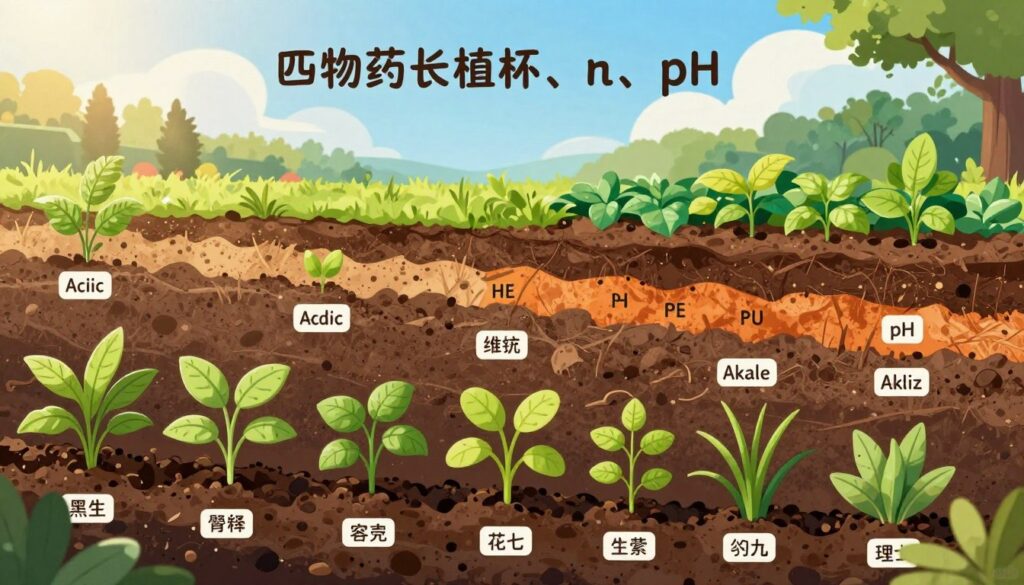 A detailed illustration of soil composition and plant fertilization techniques, capturing the concept of "matching fertilizer to plants, soil, and pH." In the foreground, display a variety of healthy plants thriving in rich, dark soil, each labeled by species. In the middle ground, depict soil layers showcasing differing pH levels, such as acidic, neutral, and alkaline, with vibrant colors representing each type. In the background, include a sunlit garden setting, with a clear blue sky and gentle clouds, emphasizing a natural atmosphere. The lighting should be warm and bright, evoking a sense of growth and vitality. The angle should provide a slightly elevated view, allowing for a comprehensive representation of the landscape and soil layers, fostering a harmonious mood of agricultural success.
