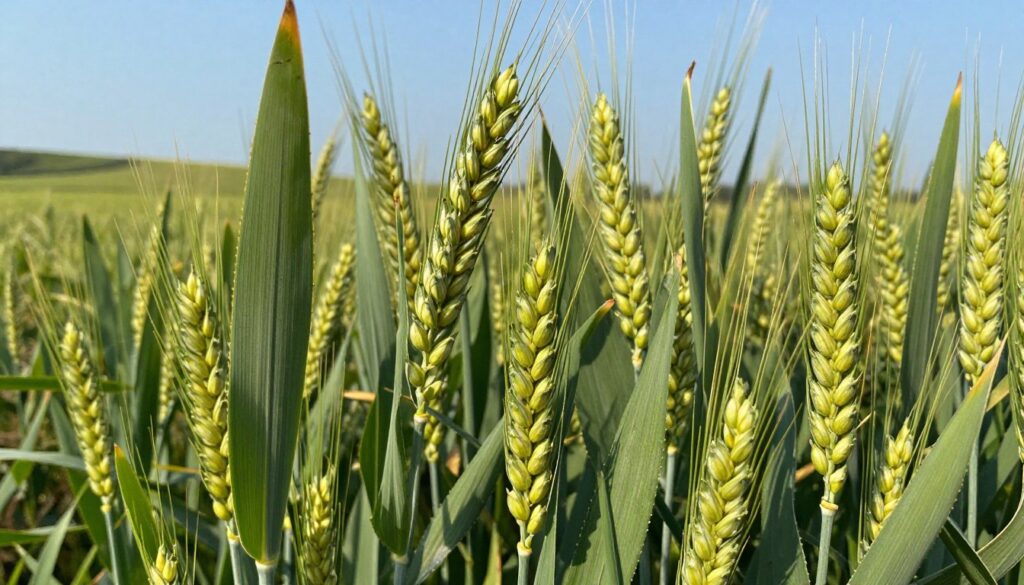 A detailed image showcasing the structure of rye plants in various growth stages. In the foreground, emphasize rich green rye stalks with visible nodes and leaf structures, highlighting their unique serrated edges. The middle ground should feature a cluster of mature grains, glistening under natural sunlight, with a gentle breeze creating subtle movements in the foliage. In the background, a blurred landscape of rolling fields under a clear blue sky, enhancing the vibrancy of the rye plants. Use soft, natural lighting to create a warm and inviting atmosphere, capturing the essence of this cereal crop. The angle should be slightly elevated, offering a comprehensive view of the rye's anatomy and its growing environment.
