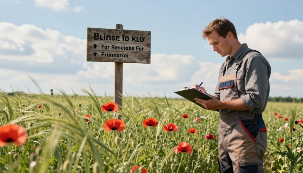 A detailed scene depicting a field of poppies in Poland, focusing on their cultivation. In the foreground, lush green poppy plants sway gently in the breeze, some with vibrant red flowers budding prominently. A farmer in professional work clothes inspects the plants, holding a clipboard and pen, symbolizing compliance with regulations. The middle ground features a rustic wooden signpost indicating rules and permissions for poppy cultivation. The background is a wide, clear blue sky with soft, white clouds, hinting at a sunny day perfect for farming. The lighting is bright and warm, creating an inviting atmosphere, illustrating the process of legal poppy farming. The composition conveys diligence and serenity, representing the responsible approach to poppy cultivation. A detailed scene depicting a field of poppies in Poland, focusing on their cultivation. In the foreground, lush green poppy plants sway gently in the breeze, some with vibrant red flowers budding prominently. A farmer in professional work clothes inspects the plants, holding a clipboard and pen, symbolizing compliance with regulations. The middle ground features a rustic wooden signpost indicating rules and permissions for poppy cultivation. The background is a wide, clear blue sky with soft, white clouds, hinting at a sunny day perfect for farming. The lighting is bright and warm, creating an inviting atmosphere, illustrating the process of legal poppy farming. The composition conveys diligence and serenity, representing the responsible approach to poppy cultivation.