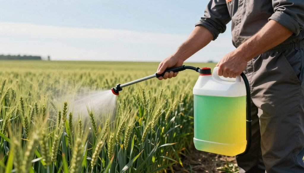 A detailed view of a farmer in professional attire mixing liquid foliar fertilizers with plant protection products in a sunny agricultural field. In the foreground, focus on the farmer using a precise measuring tool to combine vibrant green and yellow liquids in a large tank sprayer. The middle section showcases lush rows of winter cereals like wheat and barley, with their green leaves glistening under bright sunlight, illustrating healthy growth. In the background, include a clear blue sky, hinting at a favorable weather condition for application. The overall atmosphere is one of productivity and care for the crop, with soft shadows suggesting a mid-afternoon light. A detailed view of a farmer in professional attire mixing liquid foliar fertilizers with plant protection products in a sunny agricultural field. In the foreground, focus on the farmer using a precise measuring tool to combine vibrant green and yellow liquids in a large tank sprayer. The middle section showcases lush rows of winter cereals like wheat and barley, with their green leaves glistening under bright sunlight, illustrating healthy growth. In the background, include a clear blue sky, hinting at a favorable weather condition for application. The overall atmosphere is one of productivity and care for the crop, with soft shadows suggesting a mid-afternoon light.