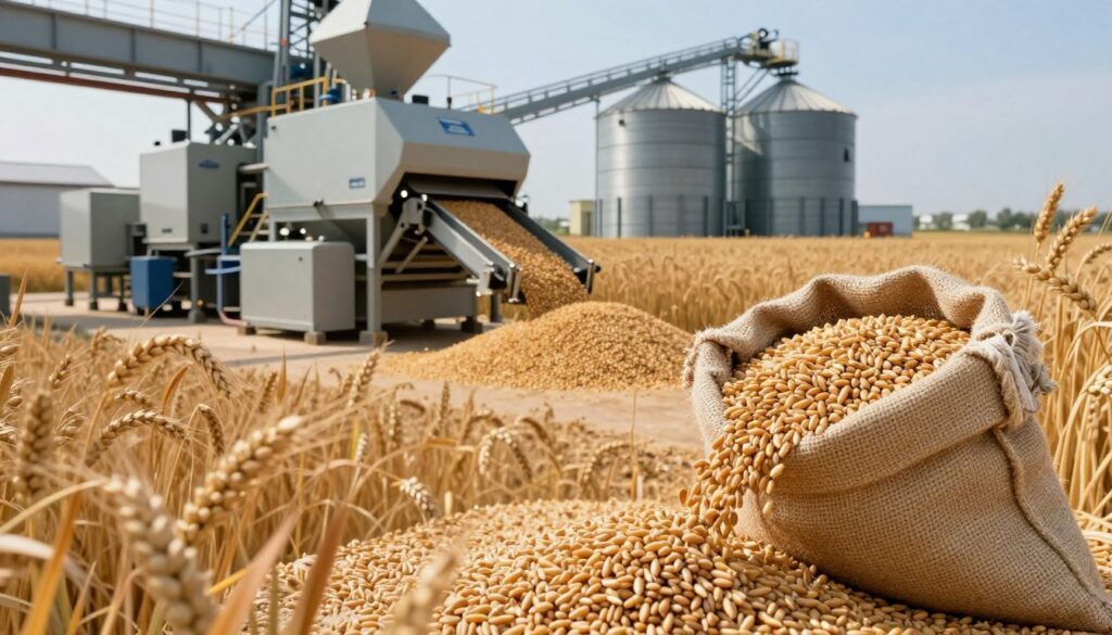 A dynamic industrial scene showcasing "technical grains" in action, focusing on various types of grains like wheat, barley, and rye. In the foreground, a close-up of grain clusters spilling from a burlap sack, glistening under soft, natural sunlight. The middle ground features a modern factory setting with grain processing machinery, emphasizing the industrial applications like a conveyor belt moving grains toward processing units. In the background, large silos and fields of ripe grains under a clear blue sky, symbolizing agricultural abundance. The atmosphere is industrious and vibrant, highlighting technological advancements in grain usage. Use warm lighting to create an inviting yet professional mood, capturing the essence of industrial applications.