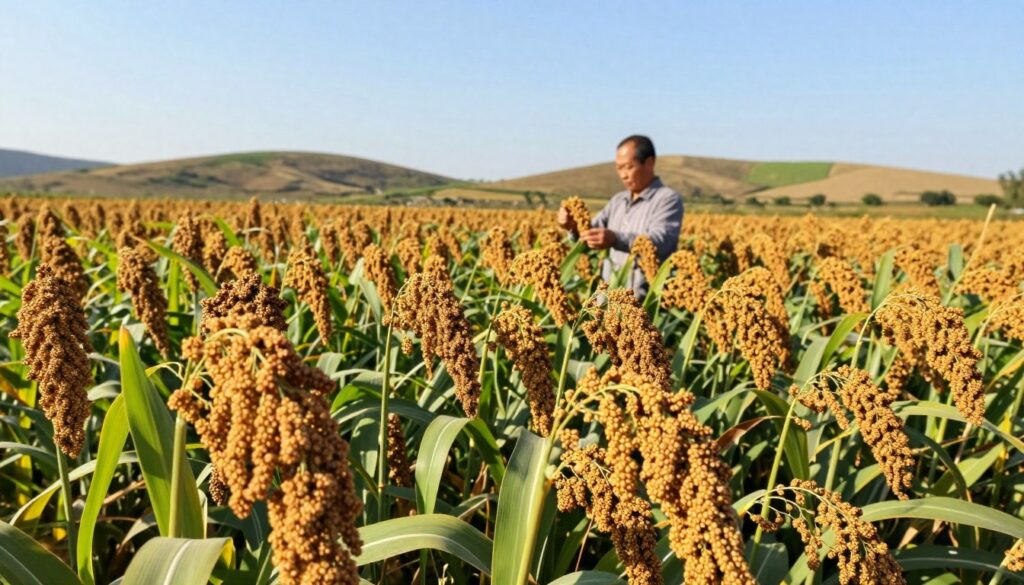 A field of millet (proso) ready for harvest, showcasing golden stalks swaying gently in the breeze under a bright blue sky. In the foreground, focus on clusters of ripe millet heads, their warm yellow hues contrasted against lush green leaves. In the middle ground, a farmer in modest casual clothing is seen gently inspecting the plants, highlighting the cultivation process. The background features rolling hills with patches of distant crops, emphasizing the agricultural landscape. Sunlight casts a soft, warm glow, creating an inviting atmosphere. The image should be captured from a slightly elevated angle to provide depth, showcasing the expanse of the millet field in a serene rural setting.