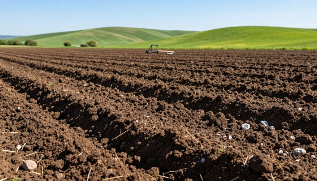 A lush field of dark, fertile soil ready for sowing winter wheat, showcasing ideal pre-sowing soil conditions. In the foreground, detailed clumps of rich earth, with some granular limestone added for pH balance. The middle ground features evenly plowed rows, with fine soil texture and a few scattered agricultural tools, symbolizing preparation. In the background, a vibrant landscape of green rolling hills under a clear blue sky, with soft sunlight illuminating the scene, emphasizing a peaceful and productive atmosphere. Capture the depth with a slight low-angle perspective, focusing on the soil texture. The mood should be optimistic and serene, reflecting a strong connection to agriculture and nature, with everything displayed in natural, vivid colors.