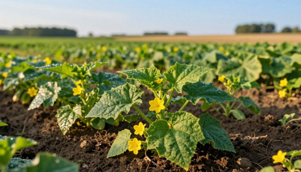 A lush field of soil enriched with freshly planted “ogórki gruntowe” (ground cucumbers), showcasing vibrant green leaves and delicate yellow flowers, thriving under the warm sunlight. In the foreground, focus on several young cucumber plants with rich, textured leaves and small fruit forming, glistening with dew drops. The middle ground features rows of cucumbers, surrounded by vibrant greenery and hints of other vegetable plants. The background includes soft hues of a picturesque rural landscape with a clear blue sky, casting a warm, golden light that enhances the scene. The overall mood is one of growth and vitality, highlighting the importance of the right cultivation conditions for the harvest timing. Capture this moment with a slight depth of field effect to focus on the foreground. A lush field of soil enriched with freshly planted “ogórki gruntowe” (ground cucumbers), showcasing vibrant green leaves and delicate yellow flowers, thriving under the warm sunlight. In the foreground, focus on several young cucumber plants with rich, textured leaves and small fruit forming, glistening with dew drops. The middle ground features rows of cucumbers, surrounded by vibrant greenery and hints of other vegetable plants. The background includes soft hues of a picturesque rural landscape with a clear blue sky, casting a warm, golden light that enhances the scene. The overall mood is one of growth and vitality, highlighting the importance of the right cultivation conditions for the harvest timing. Capture this moment with a slight depth of field effect to focus on the foreground.