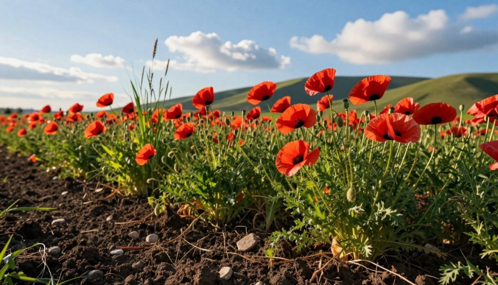 A lush field of vibrant red poppies (mak) in full bloom, showcasing their delicate petals and dark centers. The foreground features a close-up of the soil, displaying its rich texture and dark, fertile composition, dotted with small stones and plant roots. In the middle ground, swaying poppy flowers create a vivid contrast against the deep green foliage, while a few tall grass stalks add height and variation. The background features soft rolling hills under a bright blue sky with fluffy white clouds, casting gentle shadows across the field. The scene is bathed in warm, golden sunlight, creating a serene and inviting atmosphere that highlights the beauty and vitality of the poppy cultivation environment. Shot from a low angle to emphasize the flowers' height, capturing the essence of their natural habitat. A lush field of vibrant red poppies (mak) in full bloom, showcasing their delicate petals and dark centers. The foreground features a close-up of the soil, displaying its rich texture and dark, fertile composition, dotted with small stones and plant roots. In the middle ground, swaying poppy flowers create a vivid contrast against the deep green foliage, while a few tall grass stalks add height and variation. The background features soft rolling hills under a bright blue sky with fluffy white clouds, casting gentle shadows across the field. The scene is bathed in warm, golden sunlight, creating a serene and inviting atmosphere that highlights the beauty and vitality of the poppy cultivation environment. Shot from a low angle to emphasize the flowers' height, capturing the essence of their natural habitat.