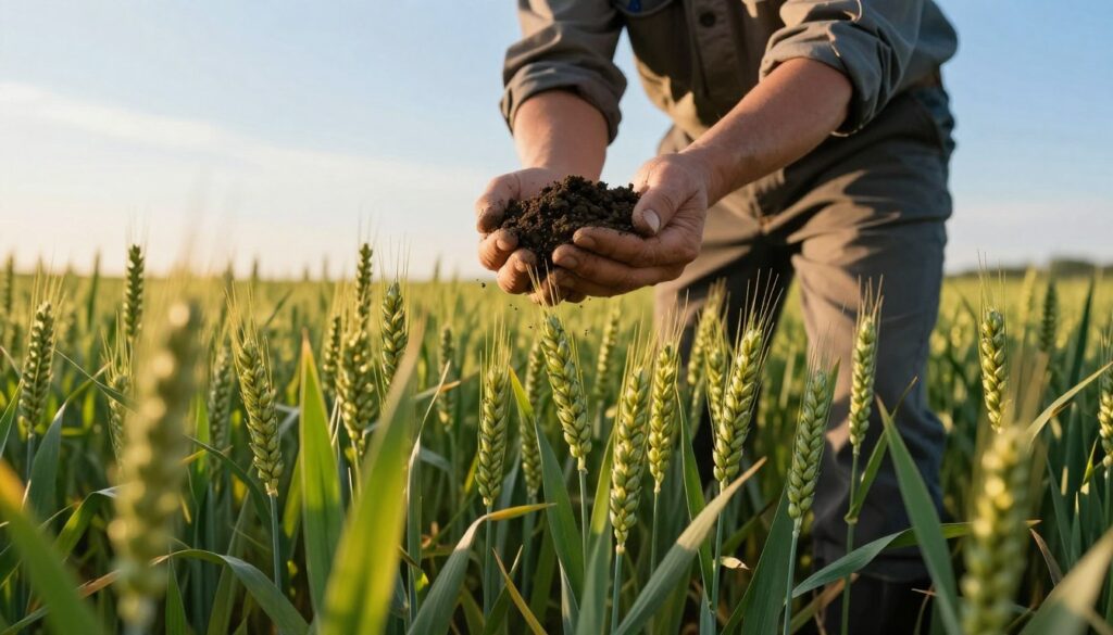A lush field of winter wheat in the foreground, vibrant green stalks standing tall and healthy, with some areas showing the rich, dark soil. In the middle ground, a farmer in professional attire is carefully examining the wheat, holding a handful of dark, nutrient-rich soil, symbolizing the addition of a second dose of nitrogen fertilizer. The background features a clear blue sky with soft, golden sunlight casting warm hues over the field, creating an inviting atmosphere. The image should capture the essence of agricultural growth and productivity, focusing on the relationship between nitrogen application and wheat yield enhancement. The scene is farm-focused, emphasizing the importance of careful agricultural practices without distracting elements. A lush field of winter wheat in the foreground, vibrant green stalks standing tall and healthy, with some areas showing the rich, dark soil. In the middle ground, a farmer in professional attire is carefully examining the wheat, holding a handful of dark, nutrient-rich soil, symbolizing the addition of a second dose of nitrogen fertilizer. The background features a clear blue sky with soft, golden sunlight casting warm hues over the field, creating an inviting atmosphere. The image should capture the essence of agricultural growth and productivity, focusing on the relationship between nitrogen application and wheat yield enhancement. The scene is farm-focused, emphasizing the importance of careful agricultural practices without distracting elements.