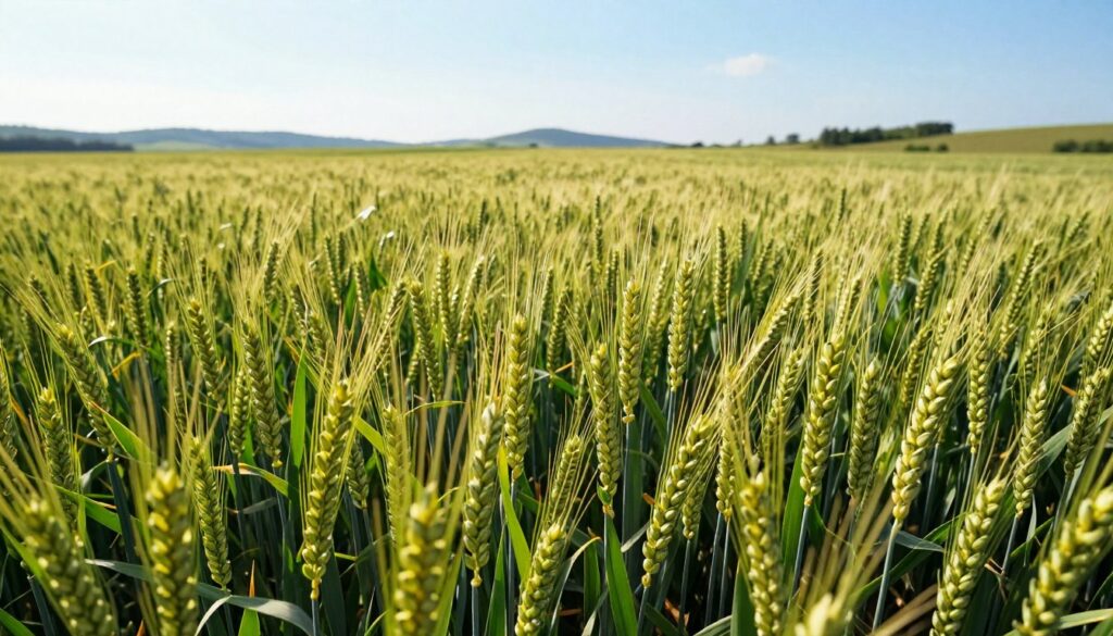 A lush field of winter wheat (pszenica ozima) thrives under soft, golden sunlight during a serene autumn afternoon. In the foreground, detailed close-ups of vibrant green wheat stalks stretch upward, showcasing their healthy growth and delicate grains forming. The middle ground features rows of uniform wheat swaying gently in the breeze, with a backdrop of a tranquil landscape including distant rolling hills and a clear blue sky. The image captures a peaceful and promising atmosphere, reflecting agricultural success and the potential for a bountiful harvest. Bright, natural lighting enhances the vitality of the field, while a wide-angle perspective allows viewers to appreciate the expanse of thriving crops. The scene conveys an optimistic mood, symbolizing the importance of proper fertilization in building strong autumn yields.