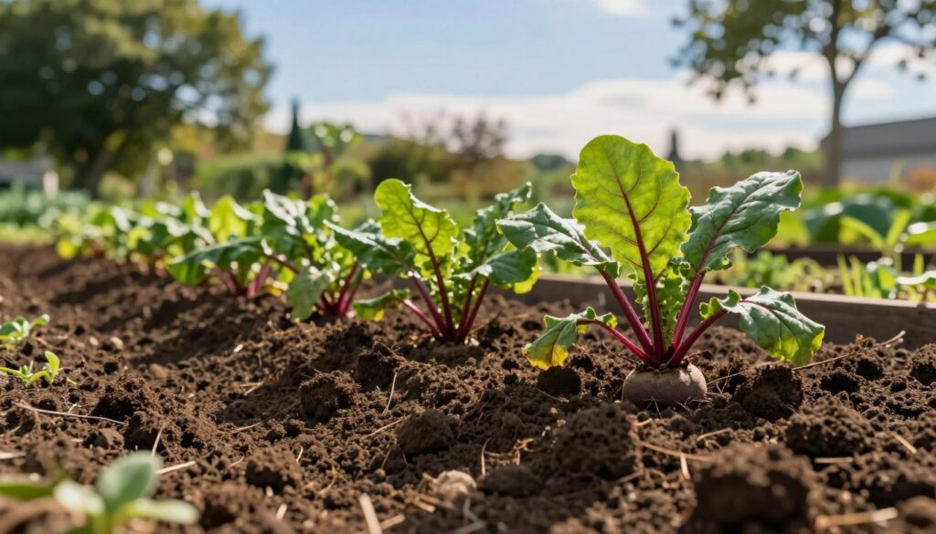 A lush garden scene showcasing rich, dark brown soil, freshly tilled and ready for planting. In the foreground, a close-up of soil texture reveals small clumps and earthy details, indicating optimal conditions for root development. The middle ground features vibrant green beet leaves sprouting from the soil, indicating healthy growth. Surrounding the garden, soft sunlight filters through trees, casting gentle shadows that enhance the tranquil atmosphere. In the background, a clear sky transitions from azure to pale hues, suggesting a perfect day for planting. The image captures the essence of an ideal garden setting for growing beets, highlighting the preparation and nurturing required for successful cultivation. A lush garden scene showcasing rich, dark brown soil, freshly tilled and ready for planting. In the foreground, a close-up of soil texture reveals small clumps and earthy details, indicating optimal conditions for root development. The middle ground features vibrant green beet leaves sprouting from the soil, indicating healthy growth. Surrounding the garden, soft sunlight filters through trees, casting gentle shadows that enhance the tranquil atmosphere. In the background, a clear sky transitions from azure to pale hues, suggesting a perfect day for planting. The image captures the essence of an ideal garden setting for growing beets, highlighting the preparation and nurturing required for successful cultivation.
