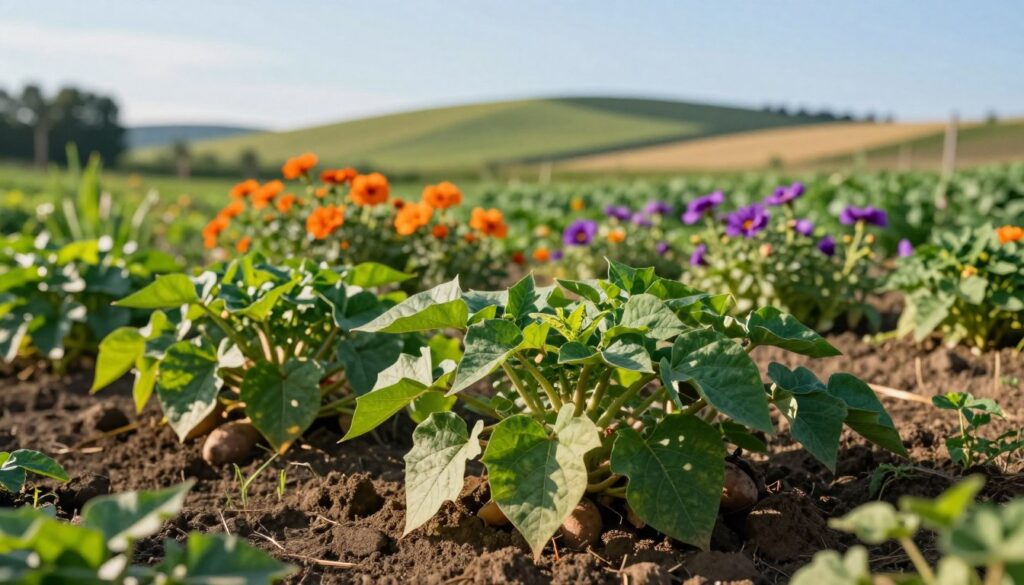 A lush garden scene showcasing the ideal growing conditions for sweet potatoes (bataty) in Poland. In the foreground, healthy sweet potato plants with broad, green leaves emerge from rich, dark soil. The middle ground features a sunny patch with vibrant orange and purple flowers, indicating a thriving ecosystem. In the background, gently rolling hills under a clear blue sky create a serene atmosphere. Soft, warm sunlight bathes the scene, casting gentle shadows and highlighting the textures of the plants. A shallow depth of field focuses on the sweet potato plants while softly blurring the distant landscape, creating an inviting, peaceful mood that emphasizes the natural beauty essential for the growth of sweet potatoes. A lush garden scene showcasing the ideal growing conditions for sweet potatoes (bataty) in Poland. In the foreground, healthy sweet potato plants with broad, green leaves emerge from rich, dark soil. The middle ground features a sunny patch with vibrant orange and purple flowers, indicating a thriving ecosystem. In the background, gently rolling hills under a clear blue sky create a serene atmosphere. Soft, warm sunlight bathes the scene, casting gentle shadows and highlighting the textures of the plants. A shallow depth of field focuses on the sweet potato plants while softly blurring the distant landscape, creating an inviting, peaceful mood that emphasizes the natural beauty essential for the growth of sweet potatoes.