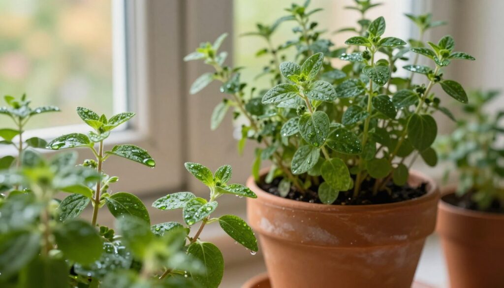 A lush indoor garden scene featuring a close-up view of fragrant marjoram leaves being gently watered. In the foreground, vibrant green leaves glisten with droplets of water, showcasing their freshness. The middle ground includes a terracotta pot filled with healthy marjoram plants, with thin, delicate stems supporting the aromatic foliage. The background is softly blurred, revealing sunlit windows providing warm, natural light that enhances the green hue of the leaves. The atmosphere is peaceful and nurturing, evoking the care and attention needed for growing aromatic herbs indoors. Use soft, diffused lighting to create a warm and inviting feel, capturing the essence of plant care and growth. A lush indoor garden scene featuring a close-up view of fragrant marjoram leaves being gently watered. In the foreground, vibrant green leaves glisten with droplets of water, showcasing their freshness. The middle ground includes a terracotta pot filled with healthy marjoram plants, with thin, delicate stems supporting the aromatic foliage. The background is softly blurred, revealing sunlit windows providing warm, natural light that enhances the green hue of the leaves. The atmosphere is peaceful and nurturing, evoking the care and attention needed for growing aromatic herbs indoors. Use soft, diffused lighting to create a warm and inviting feel, capturing the essence of plant care and growth.