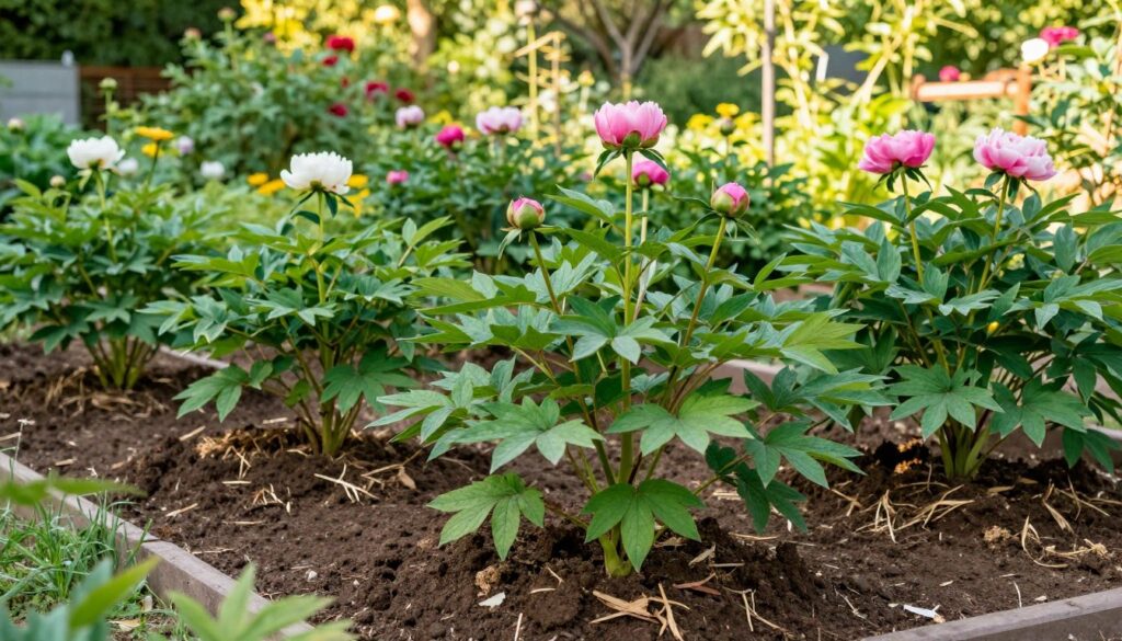A lush, vibrant garden bed prepared for peonies, showcasing rich, dark brown soil mixed with organic compost. In the foreground, freshly turned soil is surrounded by neat rows of peony plants with green leafy stems, indicating careful gardening. The middle ground features peony buds ready to bloom, reflecting shades of pink and white, with some plants having large, healthy leaves. In the background, a soft-focus landscape of a sunny garden, with gentle sunlight filtering through trees, creating a warm and inviting atmosphere. The image captures a serene and nurturing vibe, emphasizing the beauty and care involved in cultivating a flourishing peony garden. The lighting is natural, highlighting the textures of the soil and plants, shot from a slightly elevated angle to showcase the prepared bed.