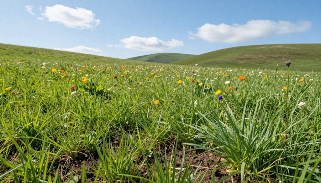 A lush, vibrant meadow in early spring, showcasing the fresh green growth of grass and wildflowers just starting to bloom. In the foreground, patches of dew-covered grass glisten under soft, natural sunlight, highlighting the rich texture of the soil. In the middle ground, a mix of young grasses and colorful wildflowers creates a lively tapestry, suggesting the awakening of life after winter. The background features gentle undulating hills and a clear blue sky, dotted with a few fluffy white clouds. The atmosphere is peaceful and invigorating, embodying the essence of renewal and growth. The scene should be captured from a slightly elevated angle to showcase the depth and beauty of the meadow, evoking a sense of optimism and vitality.
