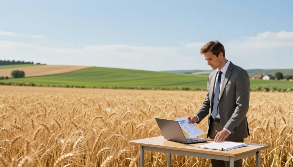 A modern agricultural landscape featuring a serene field of golden wheat ready for harvest, representing direct payments to farmers. In the foreground, a respectful farmer in professional business attire stands beside a table with documents and a laptop, analyzing payment details. The middle ground includes vibrant green fields under a clear blue sky, emphasizing the growth and prosperity associated with subsidies. In the background, gentle rolling hills and a distant farmhouse symbolize a thriving farming community. Soft, warm natural lighting floods the scene, creating an inviting and optimistic atmosphere. The composition focuses on the unity between technology and agriculture, illustrating the importance of direct payments in sustaining farming practices.