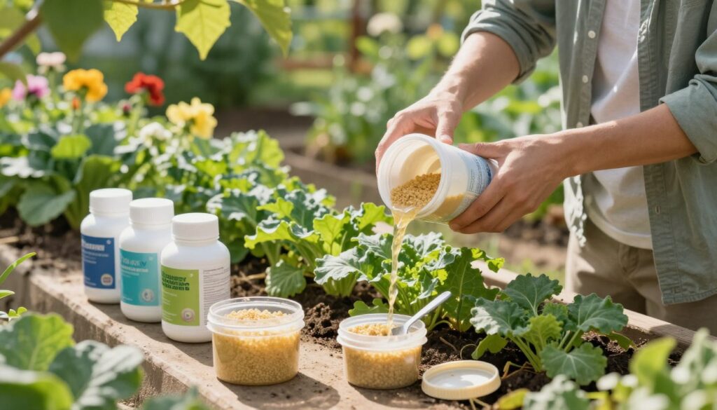 A neatly arranged collection of yeast fertilizer containers, showcasing various stages of application. The foreground features a small, open container of the organic mixture, with visible granules and a spoon resting beside it. In the middle ground, a gardener in modest casual attire gently pours the nutrient-rich mixture onto vibrant green plants in a garden bed, demonstrating care and precision. The background reveals a sunny garden scene with blooming flowers and leafy vegetables, highlighting an atmosphere of growth and sustainability. Soft, dappled sunlight filters through the leaves above, casting gentle shadows and enhancing the natural colors, creating a serene yet productive mood. Focused depth of field draws attention to the gardener's technique while keeping the vibrant garden context in view. A neatly arranged collection of yeast fertilizer containers, showcasing various stages of application. The foreground features a small, open container of the organic mixture, with visible granules and a spoon resting beside it. In the middle ground, a gardener in modest casual attire gently pours the nutrient-rich mixture onto vibrant green plants in a garden bed, demonstrating care and precision. The background reveals a sunny garden scene with blooming flowers and leafy vegetables, highlighting an atmosphere of growth and sustainability. Soft, dappled sunlight filters through the leaves above, casting gentle shadows and enhancing the natural colors, creating a serene yet productive mood. Focused depth of field draws attention to the gardener's technique while keeping the vibrant garden context in view.