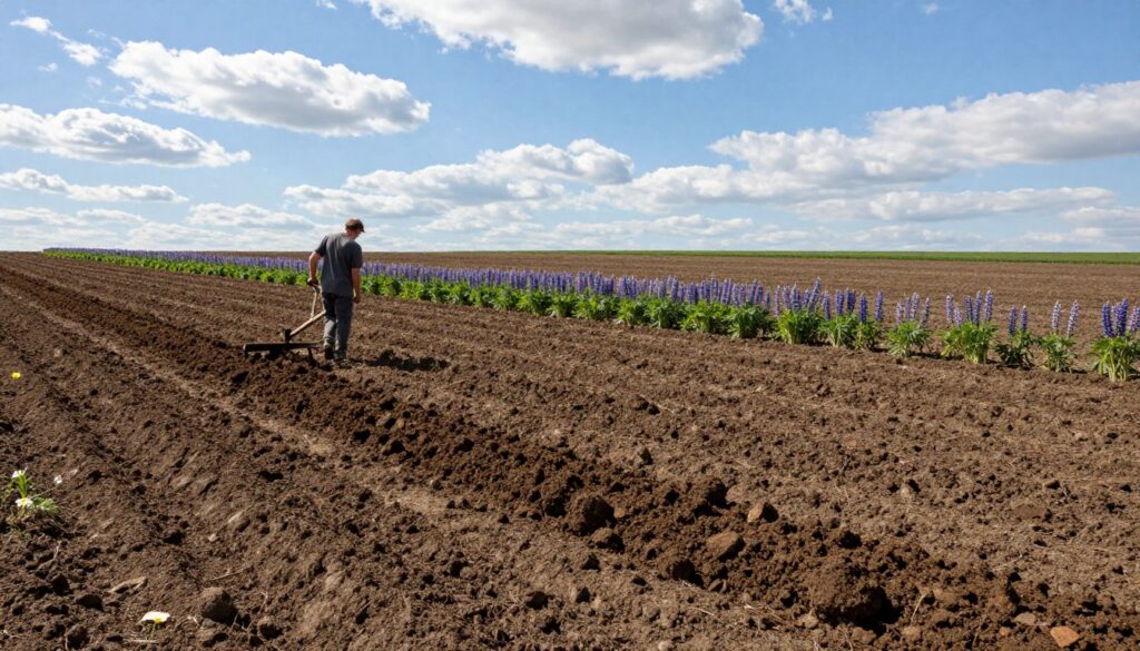 A picturesque agricultural scene depicting the preparation of a field for sowing lupin as a cover crop. In the foreground, a farmer in modest casual clothing is using a plow to turn over rich, dark soil, showcasing the texture and depth of the earth. The middle ground features rows of freshly plowed soil, with small clumps of earth and a few scattered wildflowers emerging. In the background, a bright blue sky is dotted with fluffy white clouds, casting soft, dappled sunlight over the landscape. The overall atmosphere is serene and optimistic, highlighting the connection between farming and nature. The image should be captured from a slightly elevated angle, giving a comprehensive view of the field preparation process. A picturesque agricultural scene depicting the preparation of a field for sowing lupin as a cover crop. In the foreground, a farmer in modest casual clothing is using a plow to turn over rich, dark soil, showcasing the texture and depth of the earth. The middle ground features rows of freshly plowed soil, with small clumps of earth and a few scattered wildflowers emerging. In the background, a bright blue sky is dotted with fluffy white clouds, casting soft, dappled sunlight over the landscape. The overall atmosphere is serene and optimistic, highlighting the connection between farming and nature. The image should be captured from a slightly elevated angle, giving a comprehensive view of the field preparation process.
